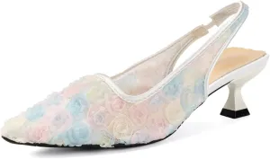 Elegant Lace Kitten Heels for Women - Black Slingback Pointed Toe Floral Mesh Dress Shoes - Low Heel Formal Wedding Guest Party Sandals