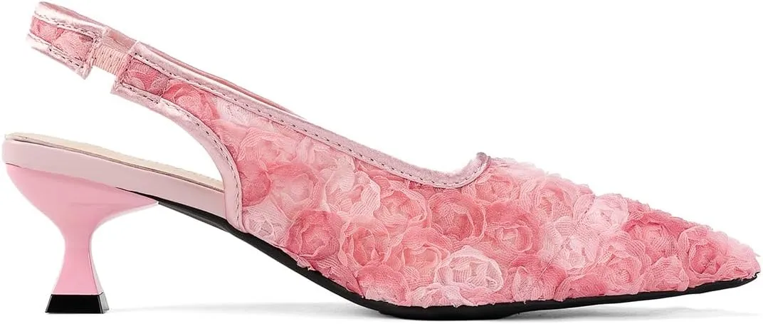 Elegant Lace Kitten Heels for Women - Black Slingback Pointed Toe Floral Mesh Dress Shoes - Low Heel Formal Wedding Guest Party Sandals