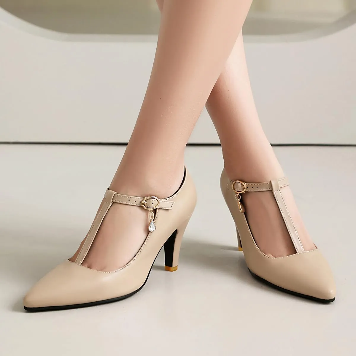 Elegant Women Block Heel T-Strap Pumps Pointed Toe