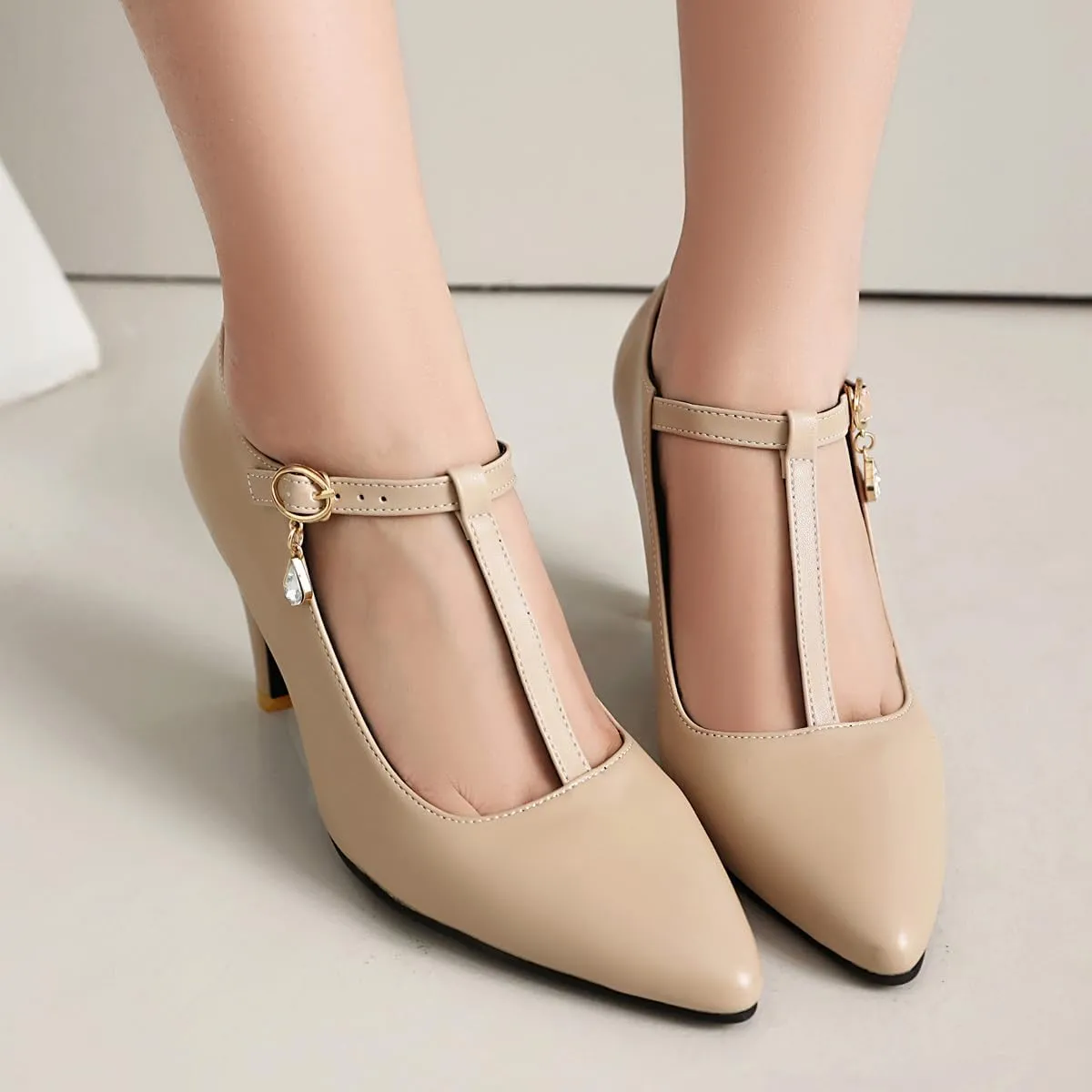 Elegant Women Block Heel T-Strap Pumps Pointed Toe