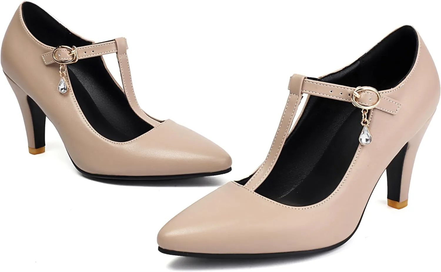 Elegant Women Block Heel T-Strap Pumps Pointed Toe