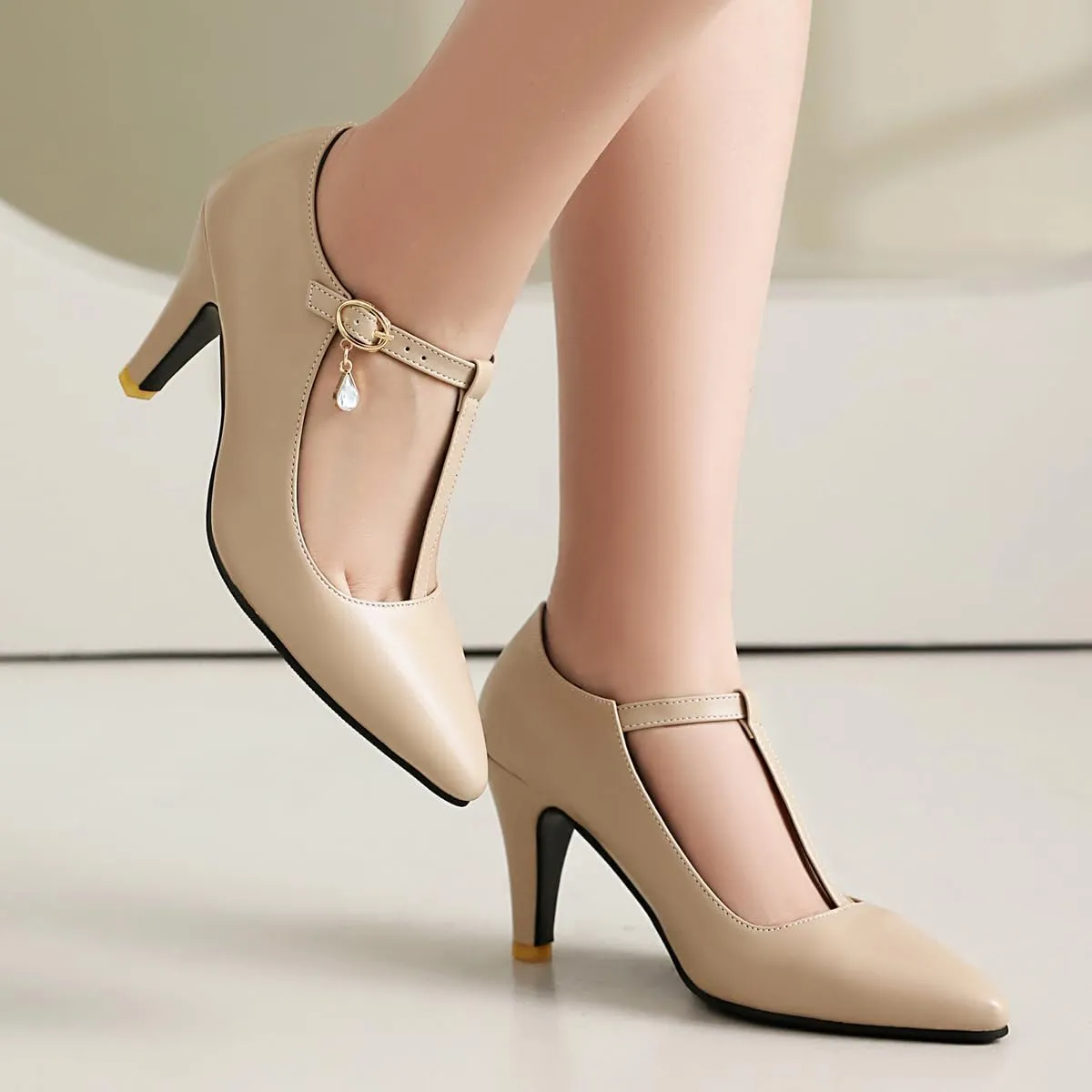 Elegant Women Block Heel T-Strap Pumps Pointed Toe
