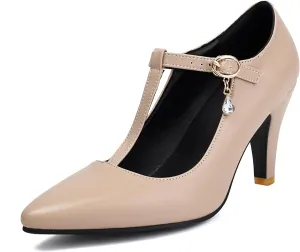 Elegant Women Block Heel T-Strap Pumps Pointed Toe