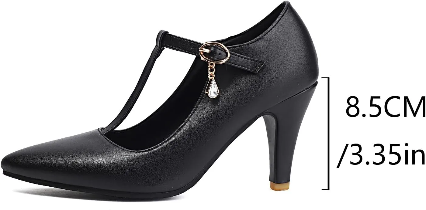 Elegant Women Block Heel T-Strap Pumps Pointed Toe