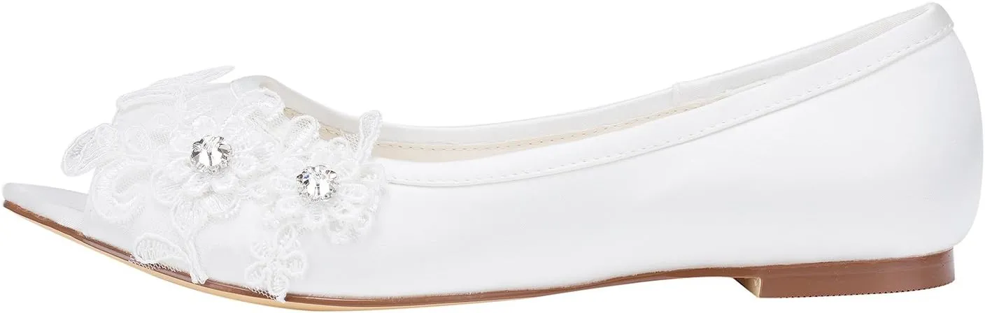Emily Bridal Wedding Shoes Women's Satin Flat Heel Peep Toe with Crystal Heel Crystal