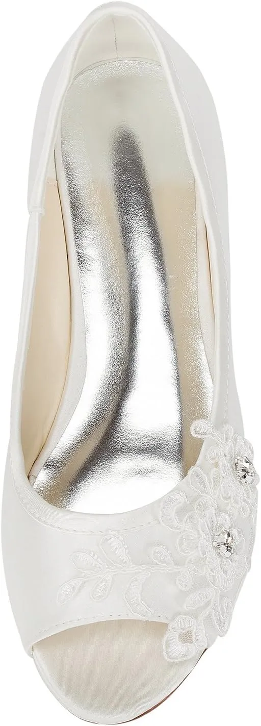 Emily Bridal Wedding Shoes Women's Satin Flat Heel Peep Toe with Crystal Heel Crystal