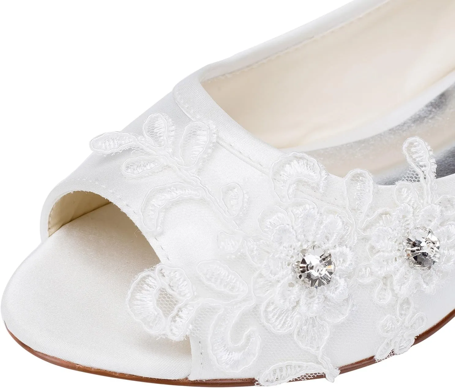 Emily Bridal Wedding Shoes Women's Satin Flat Heel Peep Toe with Crystal Heel Crystal