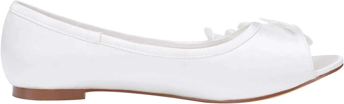 Emily Bridal Wedding Shoes Women's Satin Flat Heel Peep Toe with Crystal Heel Crystal