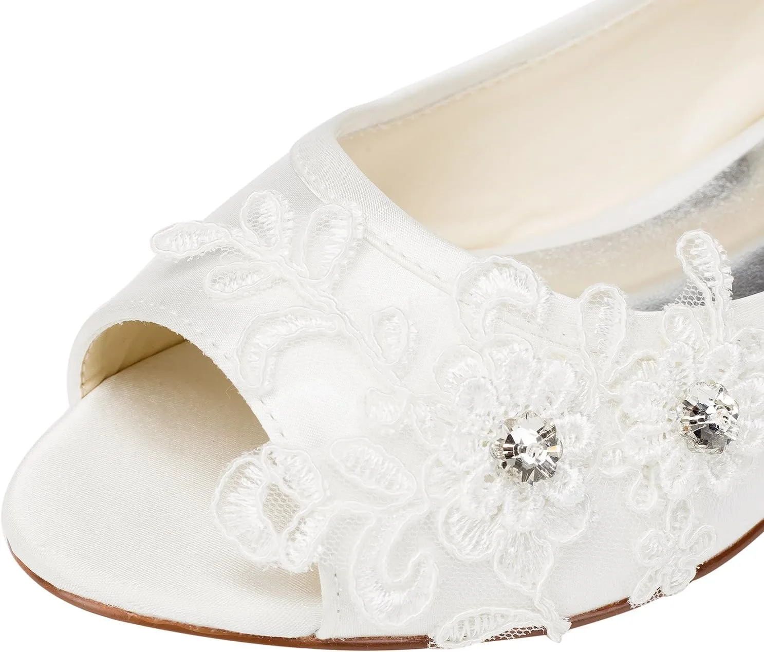 Emily Bridal Wedding Shoes Women's Satin Flat Heel Peep Toe with Crystal Heel Crystal
