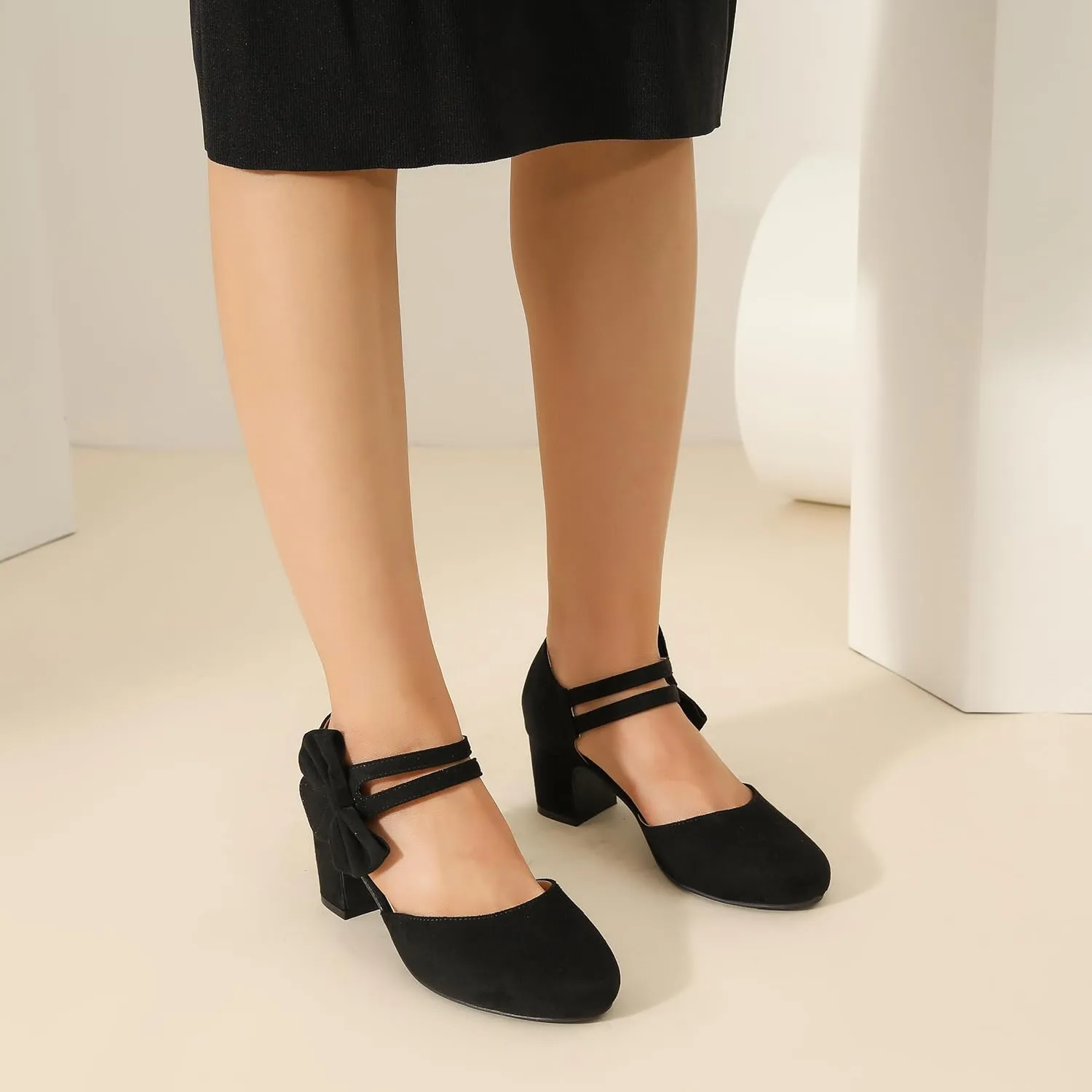 Enelauge Women's Bow Closed Round Toe Ankle Strap Pumps D'Orsay Low Block Chunky Heels Elegant Wedding Bridal Party Dress Shoes
