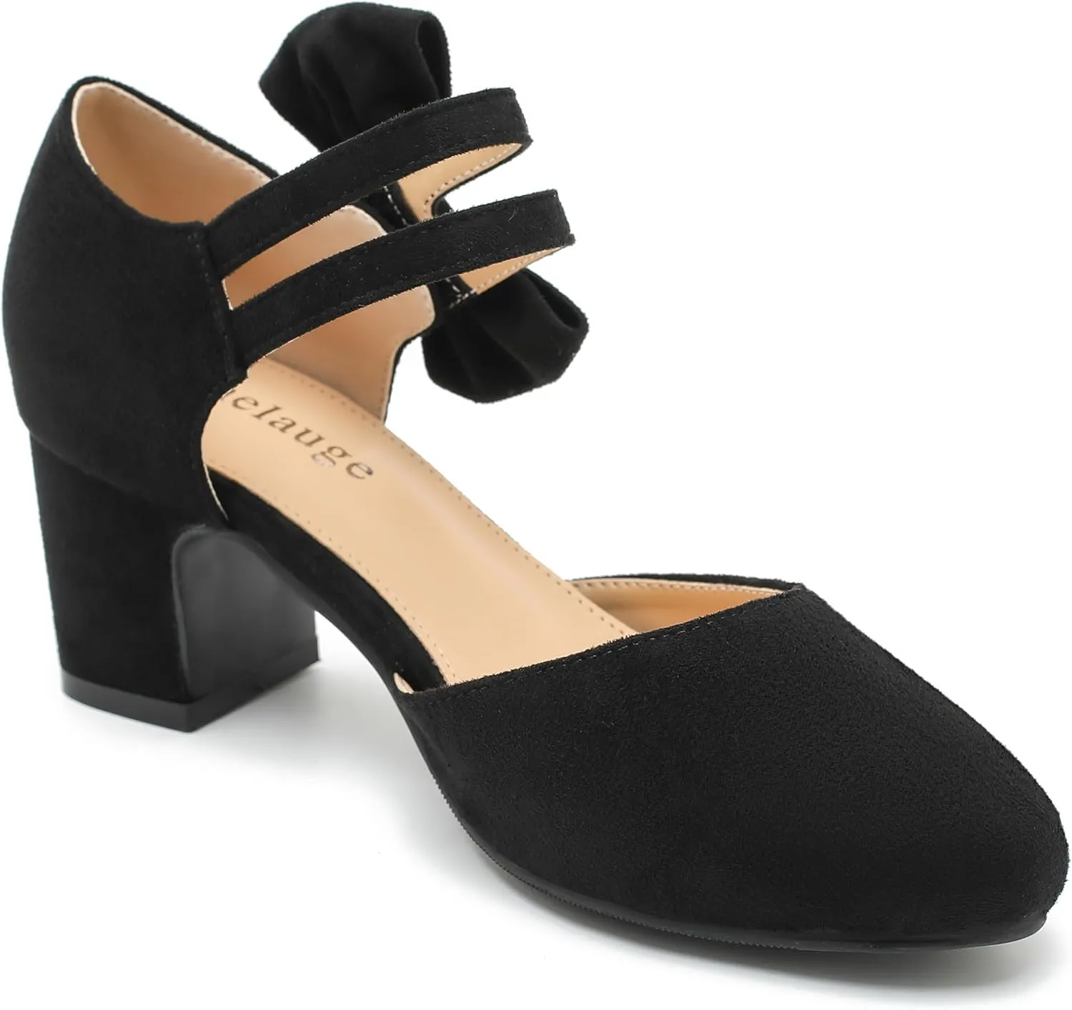 Enelauge Women's Bow Closed Round Toe Ankle Strap Pumps D'Orsay Low Block Chunky Heels Elegant Wedding Bridal Party Dress Shoes