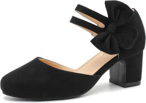 Enelauge Women's Bow Closed Round Toe Ankle Strap Pumps D'Orsay Low Block Chunky Heels Elegant Wedding Bridal Party Dress Shoes