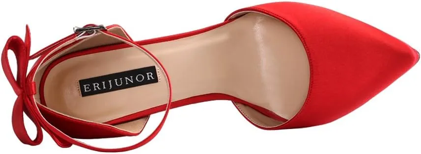 ERIJUNOR Women High Heel Bow Ankle Strap Evening Party Dance Wedding Satin Shoes