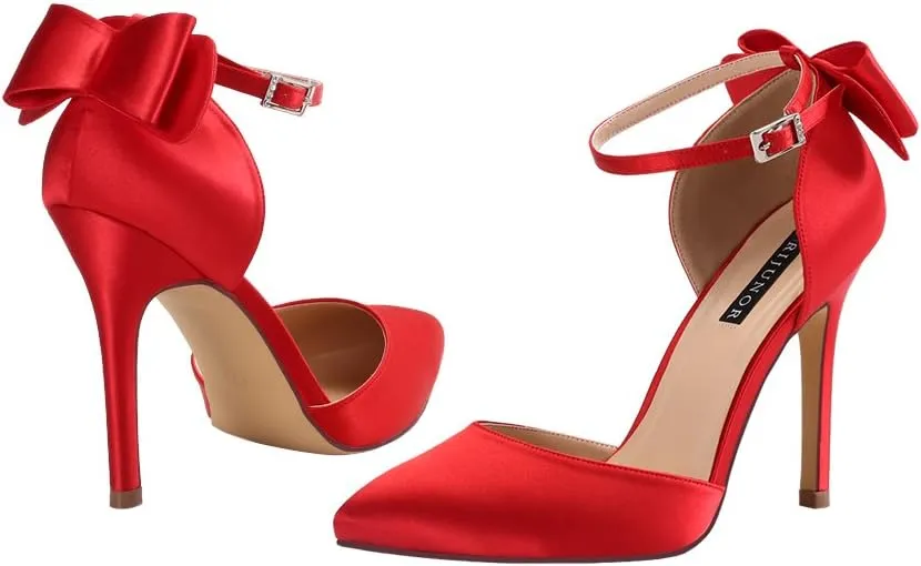 ERIJUNOR Women High Heel Bow Ankle Strap Evening Party Dance Wedding Satin Shoes