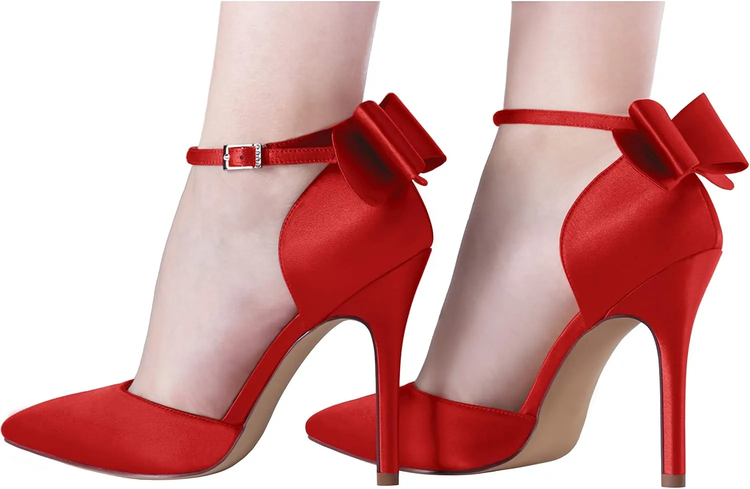 ERIJUNOR Women High Heel Bow Ankle Strap Evening Party Dance Wedding Satin Shoes