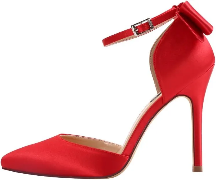 ERIJUNOR Women High Heel Bow Ankle Strap Evening Party Dance Wedding Satin Shoes