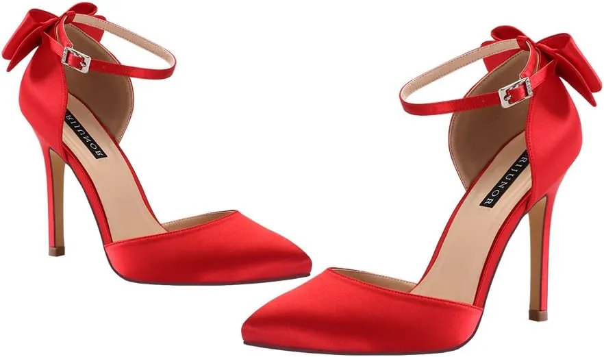 ERIJUNOR Women High Heel Bow Ankle Strap Evening Party Dance Wedding Satin Shoes