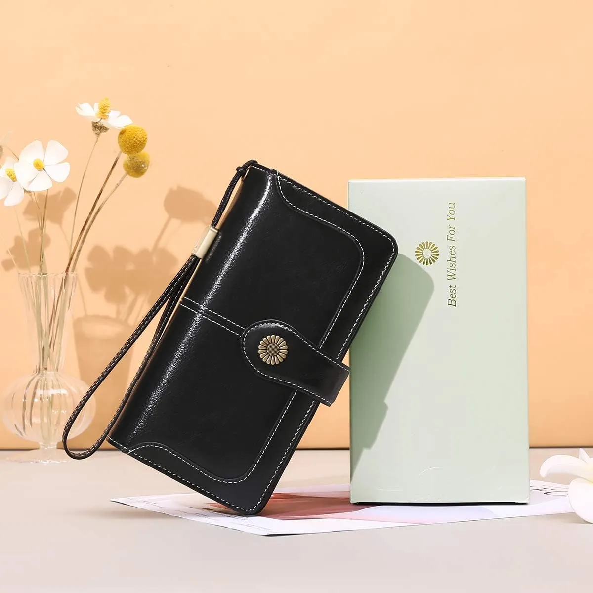 FALAN MULE Women Genuine Leather Wallet Large Capacity Bifold RFID Blocking Card Holder with Zipper Coin Pocket