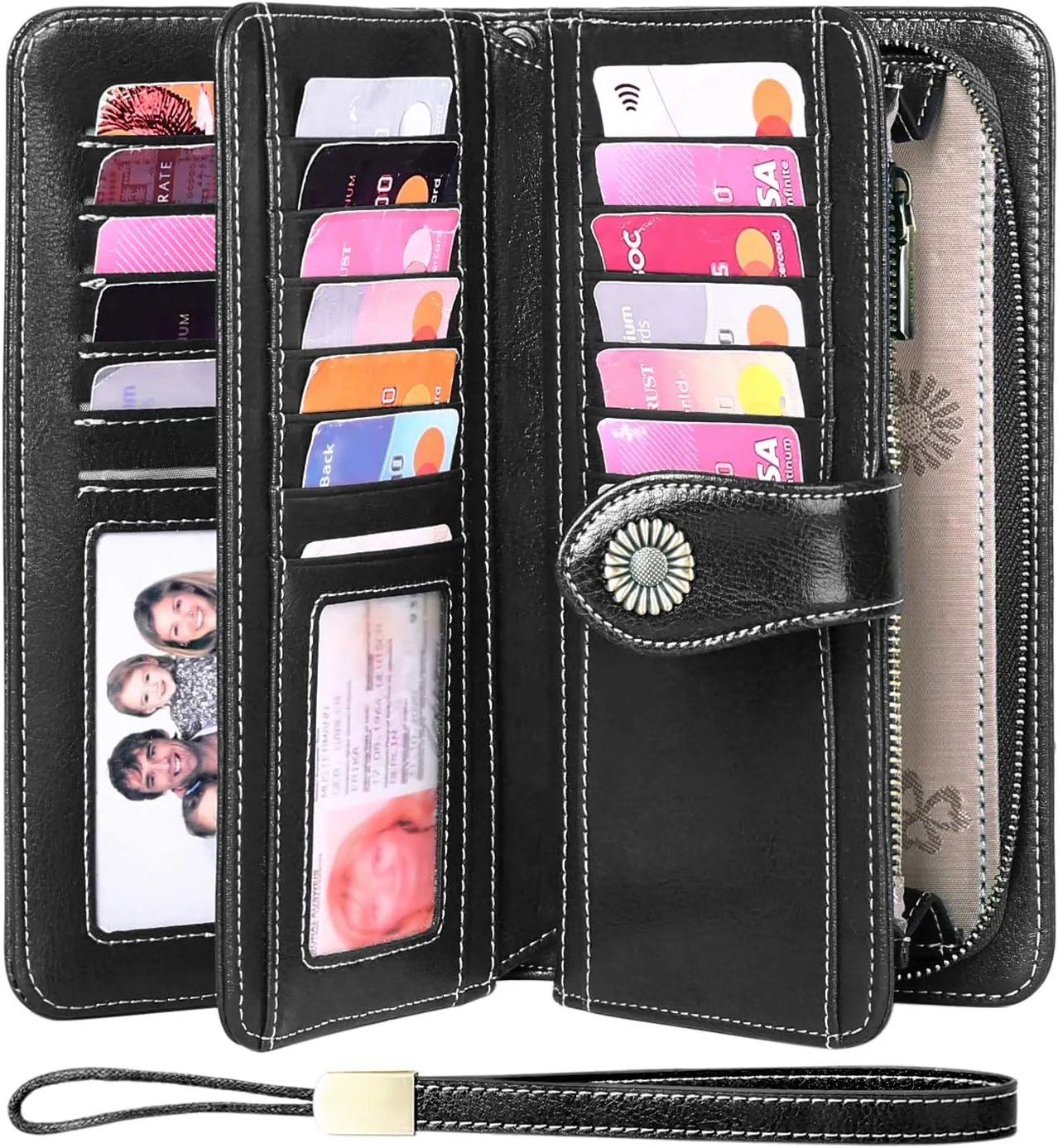 FALAN MULE Women Genuine Leather Wallet Large Capacity Bifold RFID Blocking Card Holder with Zipper Coin Pocket
