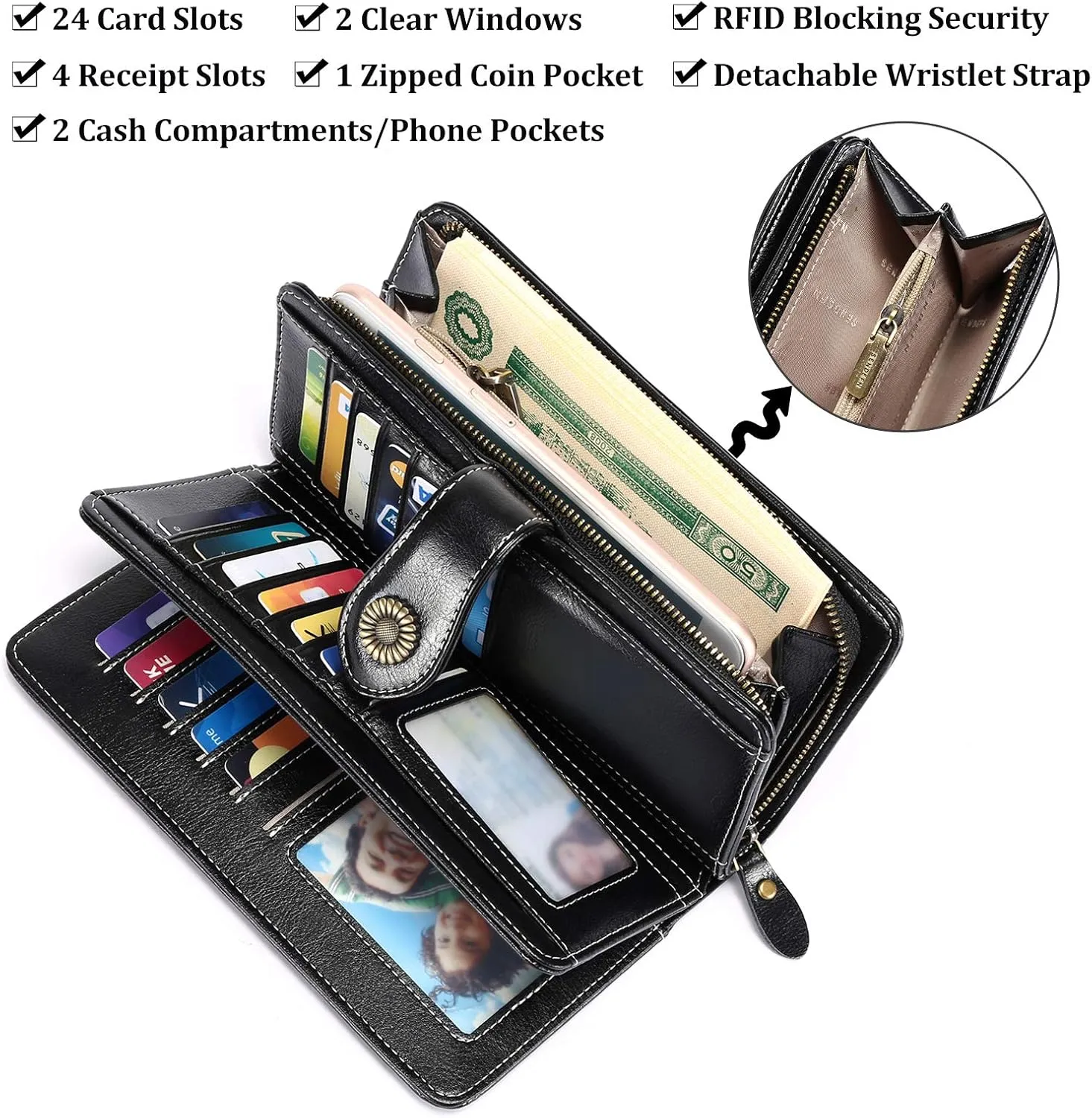 FALAN MULE Women Genuine Leather Wallet Large Capacity Bifold RFID Blocking Card Holder with Zipper Coin Pocket