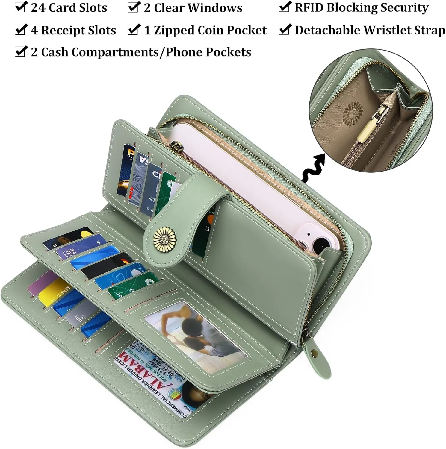 FALAN MULE Women Genuine Leather Wallet Large Capacity Bifold RFID Blocking Card Holder with Zipper Coin Pocket