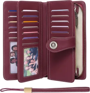 FALAN MULE Women Genuine Leather Wallet Large Capacity Bifold RFID Blocking Card Holder with Zipper Coin Pocket