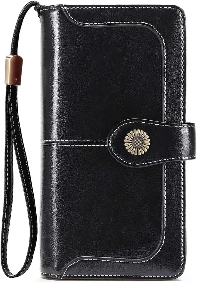 FALAN MULE Women Genuine Leather Wallet Large Capacity Bifold RFID Blocking Card Holder with Zipper Coin Pocket