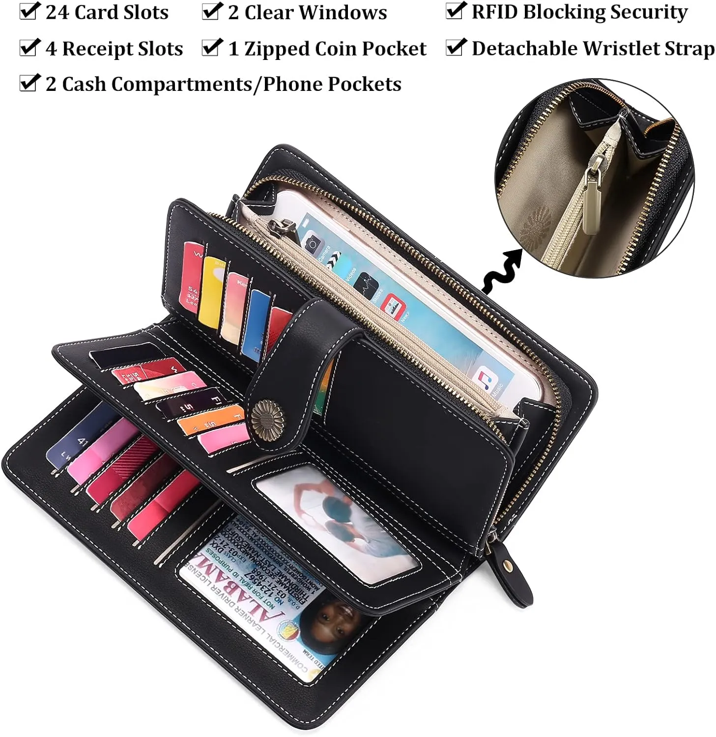 FALAN MULE Women Genuine Leather Wallet Large Capacity Bifold RFID Blocking Card Holder with Zipper Coin Pocket