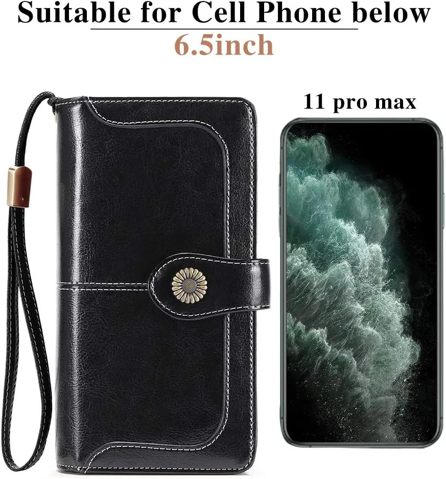 FALAN MULE Women Genuine Leather Wallet Large Capacity Bifold RFID Blocking Card Holder with Zipper Coin Pocket