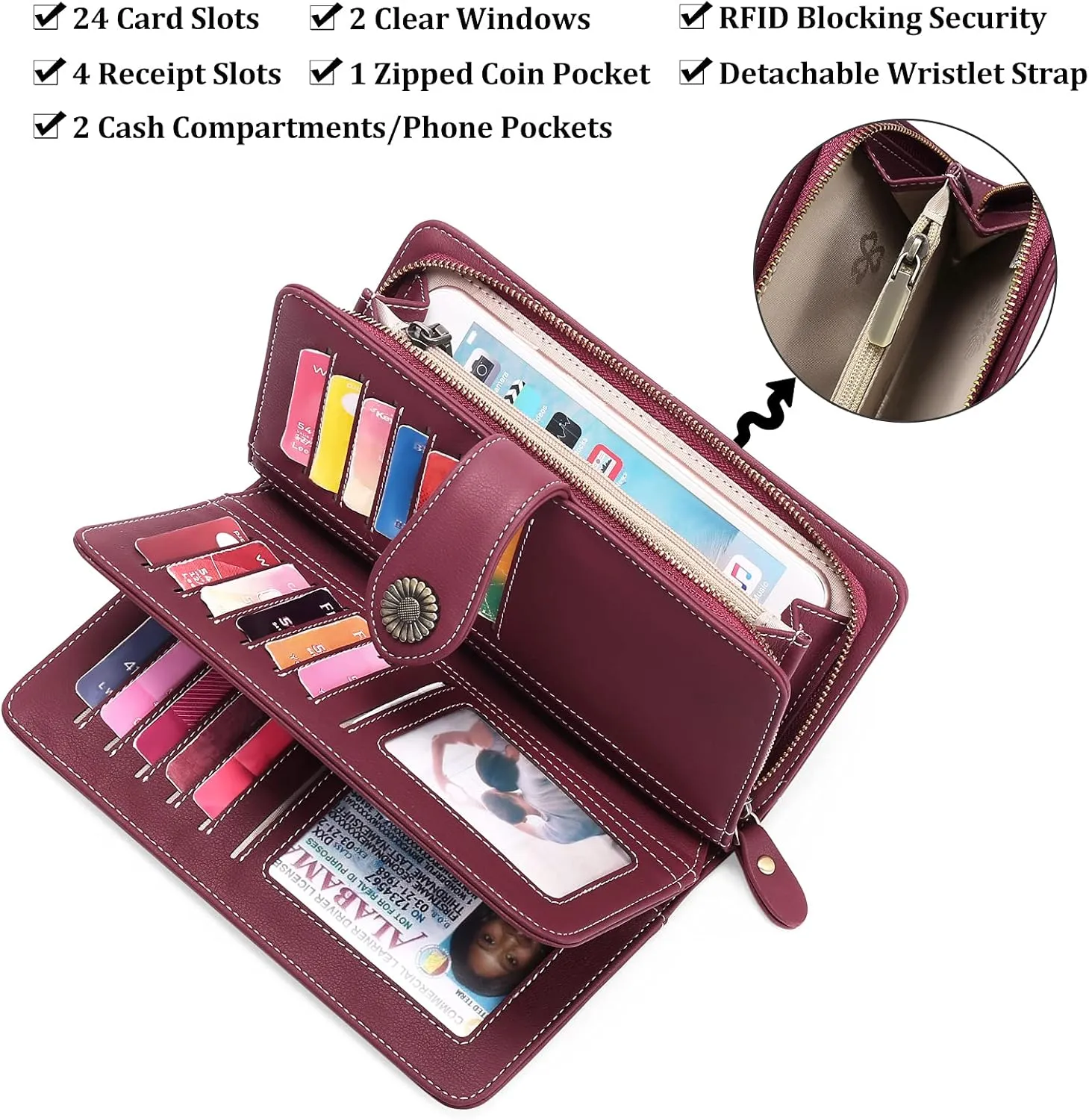 FALAN MULE Women Genuine Leather Wallet Large Capacity Bifold RFID Blocking Card Holder with Zipper Coin Pocket