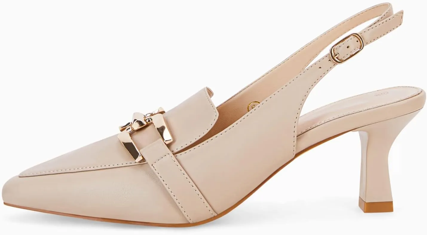Fashare Womens Kitten Heels Slingback Closed Pointed Toe Dress Shoes Metal Chain Buckle Elegant Pumps