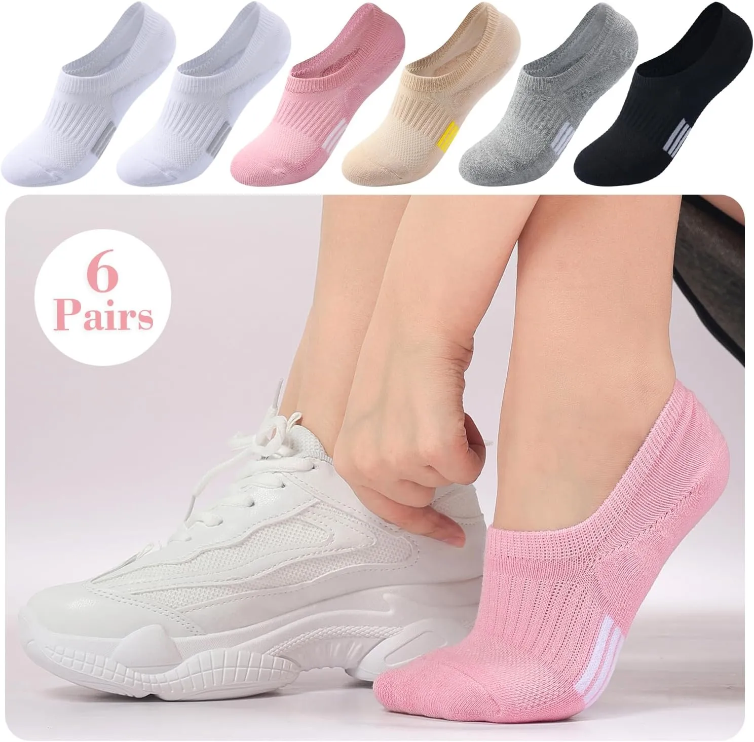 FAYBOX No Show Socks Womens Cushioned Low Cut Invisible Footies for Running Athletic Gym Ankle Socks 6 Pairs