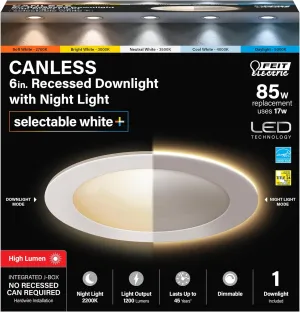 Feit Electric 6" LED Canless Recessed Downlight with Night Light Mode and Integrated J-Box, 85W EQ, Dimmable, 5CCT Selectable White, 90 CRI, 1200 Lumens, 45 Year Lifetime, 4 Pack, LEDR6XT/HO/NL5CCTCA4