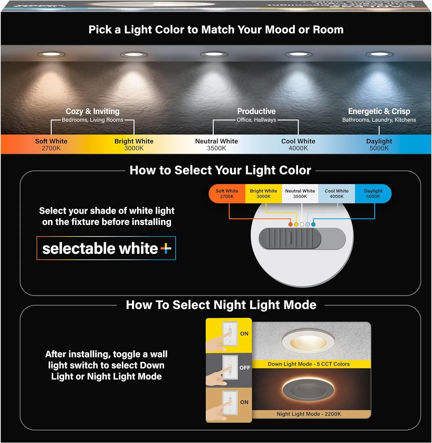 Feit Electric 6" LED Canless Recessed Downlight with Night Light Mode and Integrated J-Box, 85W EQ, Dimmable, 5CCT Selectable White, 90 CRI, 1200 Lumens, 45 Year Lifetime, 4 Pack, LEDR6XT/HO/NL5CCTCA4