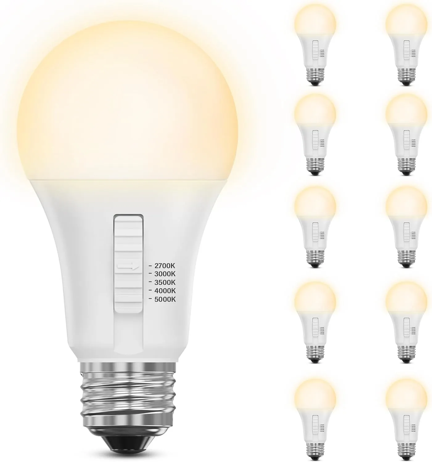 Feit Electric A19 LED Light Bulb, 60W Replacement, Dimmable, Selectable Color Temperatures (2700K-5000K), 800 Lumens, General Purpose Light Bulbs, 15,000-Hour Lifetime, OM60DM/5CCTCA/LED/10, 10 Pack