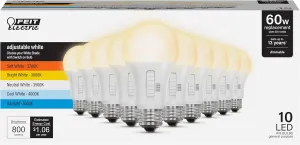 Feit Electric A19 LED Light Bulb, 60W Replacement, Dimmable, Selectable Color Temperatures (2700K-5000K), 800 Lumens, General Purpose Light Bulbs, 15,000-Hour Lifetime, OM60DM/5CCTCA/LED/10, 10 Pack