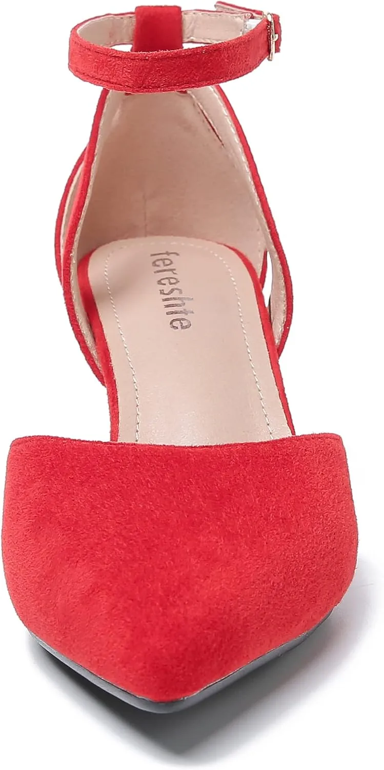 fereshte Women's Closed Pointed Toe Heels Ankle Strap Hollow Out D'Orsay Kitten Heel Dressy Pumps