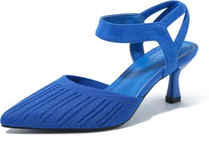 fereshte Women's Low Kitten Heels Knit Pumps Elastic Ankle Strap Slingback Dress Shoes