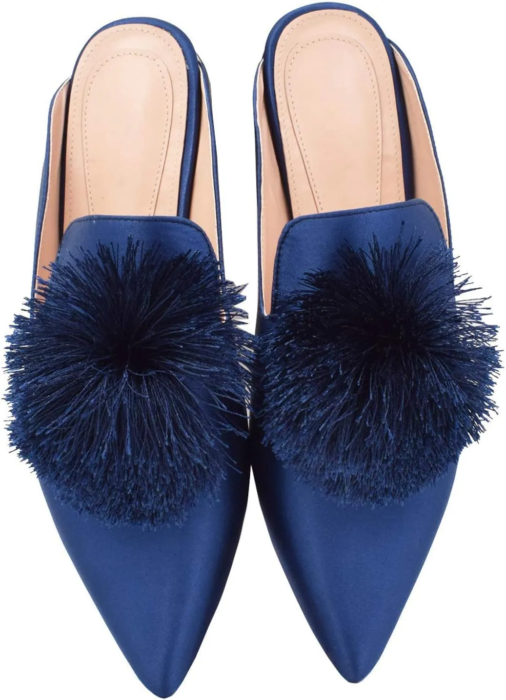 Fericzot Slip On Mule Backless Loafers Flats Puff Pompom Pointed Toe Casual Shoes Slippers