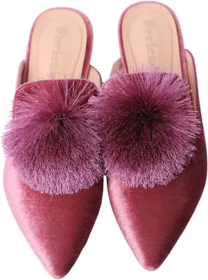 Fericzot Slip On Mule Backless Loafers Flats Puff Pompom Pointed Toe Casual Shoes Slippers