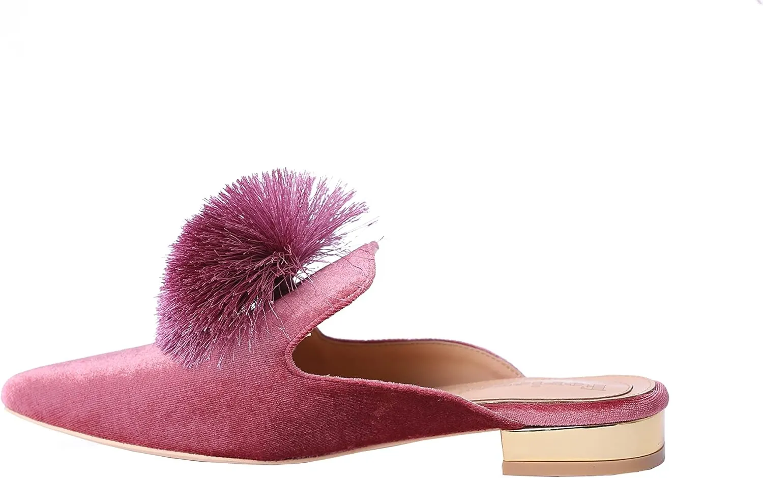 Fericzot Slip On Mule Backless Loafers Flats Puff Pompom Pointed Toe Casual Shoes Slippers