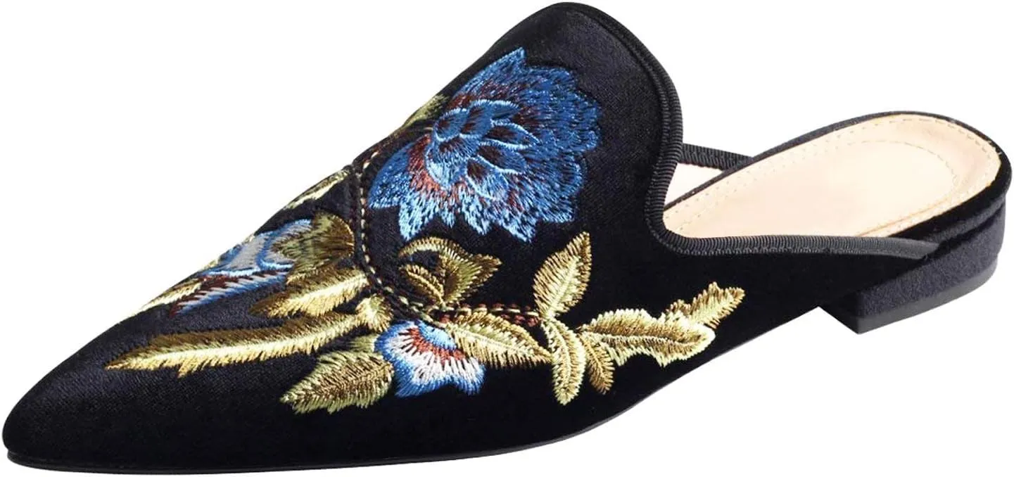 Fericzot Women's Velvet Backless Pointed Toe Slip On Loafers Flats Embroidery Mule Slippers Shoes