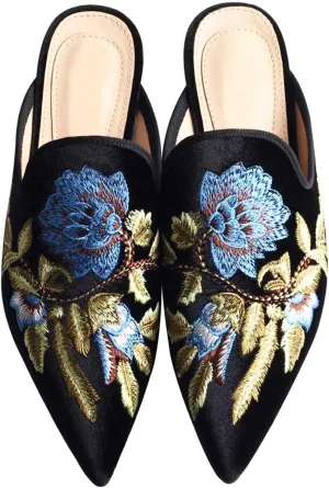Fericzot Women's Velvet Backless Pointed Toe Slip On Loafers Flats Embroidery Mule Slippers Shoes