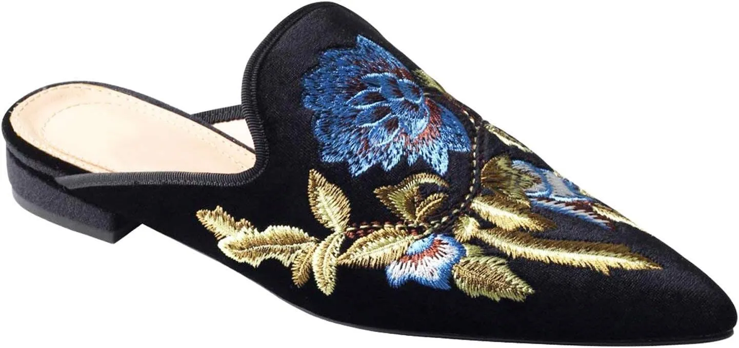 Fericzot Women's Velvet Backless Pointed Toe Slip On Loafers Flats Embroidery Mule Slippers Shoes