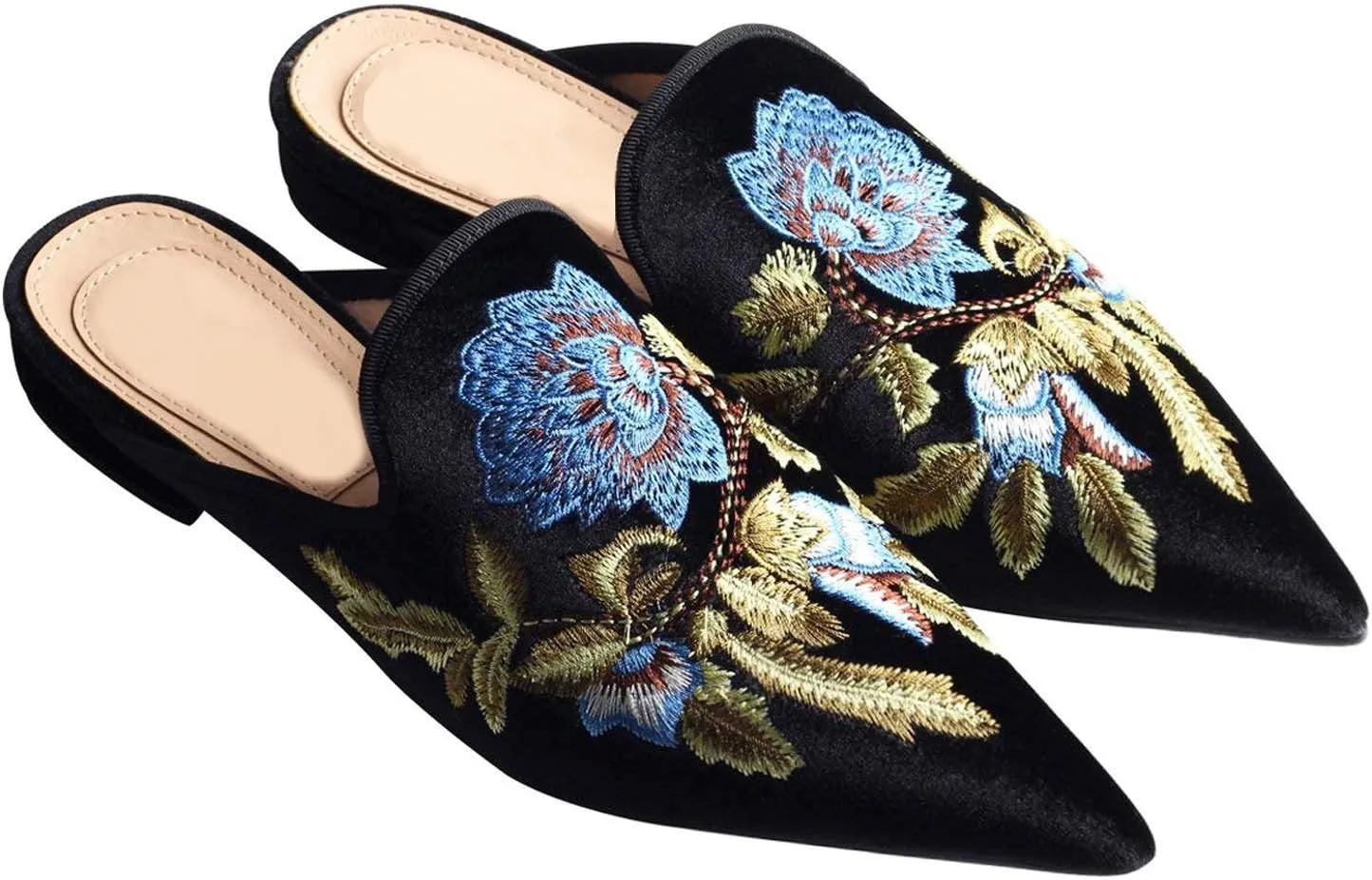 Fericzot Women's Velvet Backless Pointed Toe Slip On Loafers Flats Embroidery Mule Slippers Shoes