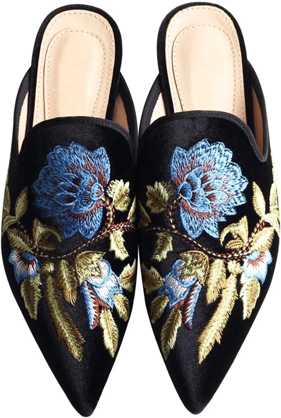 Fericzot Women's Velvet Backless Pointed Toe Slip On Loafers Flats Embroidery Mule Slippers Shoes