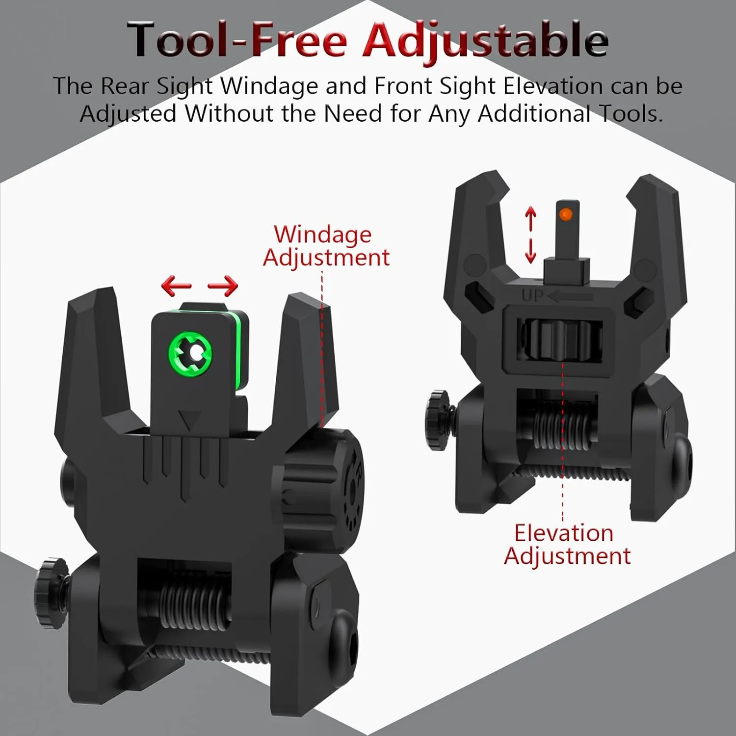 Fiber Optic Sights Flip Up Front and Rear Sites with Green and Red Fiber Optics Dots, Tool-Free Adjustment Front and Rear Backup Sight
