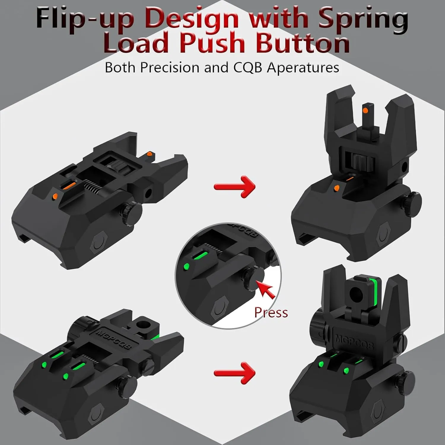 Fiber Optic Sights Flip Up Front and Rear Sites with Green and Red Fiber Optics Dots, Tool-Free Adjustment Front and Rear Backup Sight