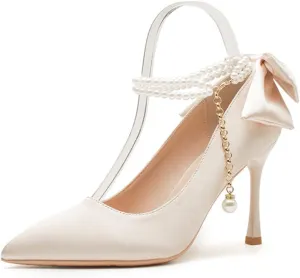 Fine Heel Pointed One Word Pearl Buckle with High Heels Lady Heel Bow Satin Fabric 5cm/1.97in Heels