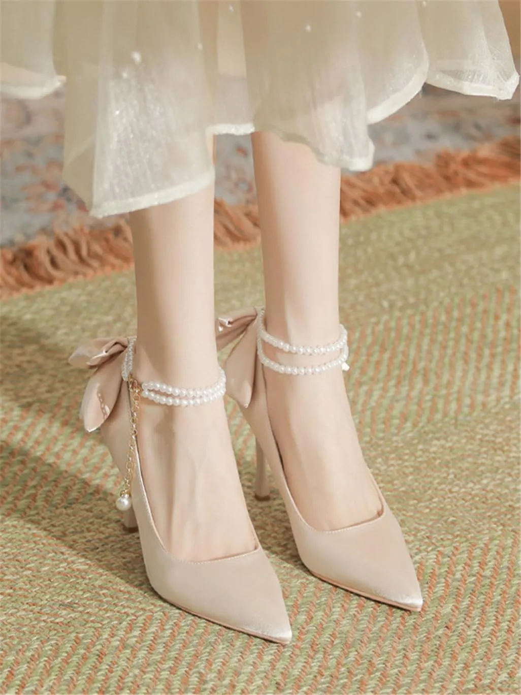Fine Heel Pointed One Word Pearl Buckle with High Heels Lady Heel Bow Satin Fabric 5cm/1.97in Heels